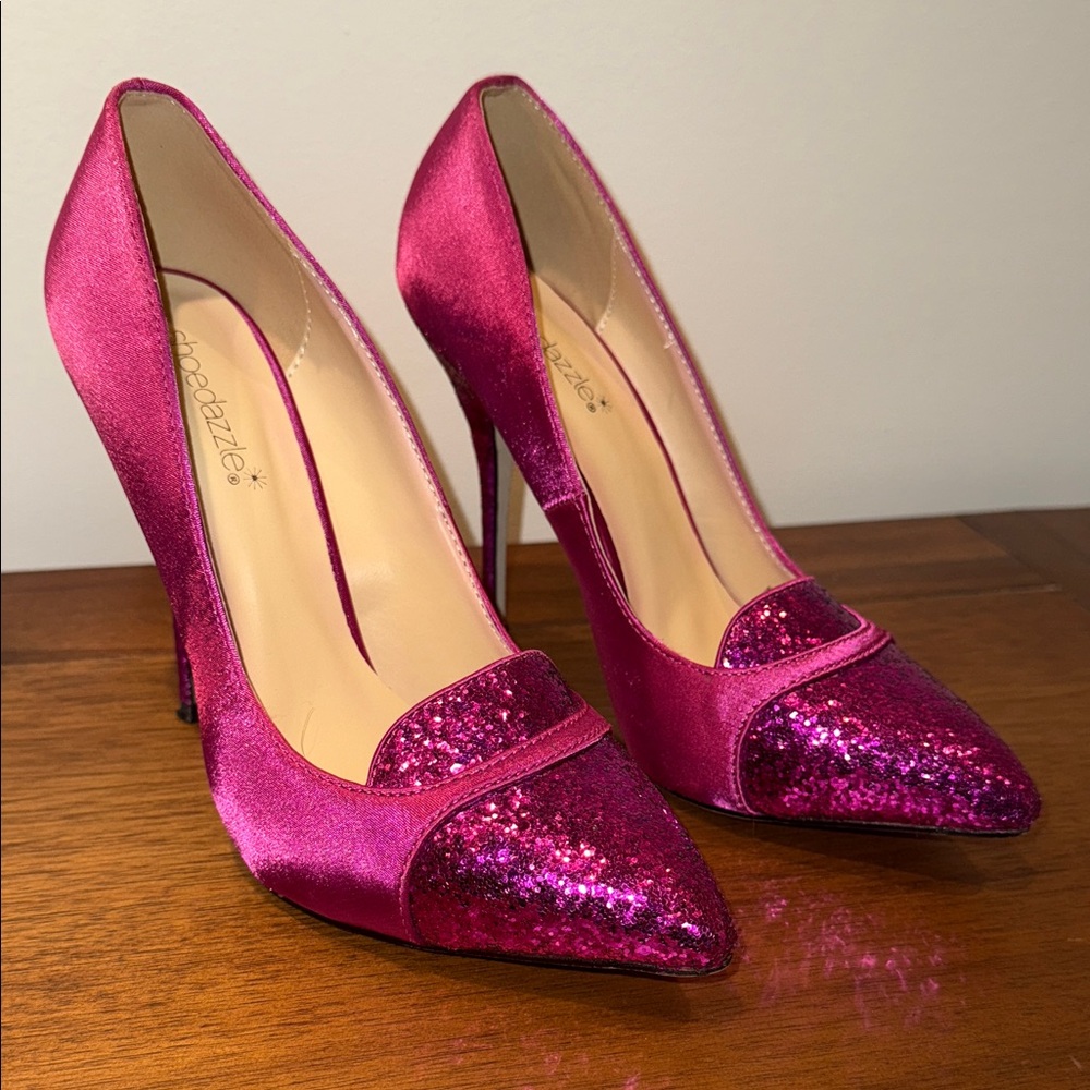 Shoe Dazzle Fuchsia Pink Satin & Glitter Pointed-Toe Stiletto Heels